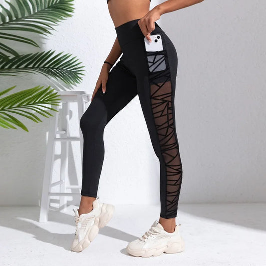 Women Mesh Spliced Leggings Sexy Hollow Out Leggings High Waist Stretchy Fitness Butt Lift Fashion Gym Running Yoga Tights